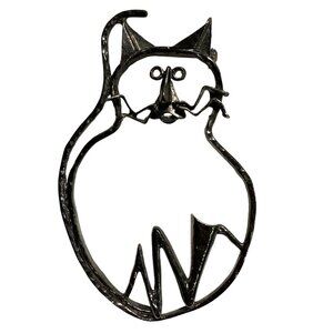 Vintage Large Cat Cartoon Brooch Bronze Tone Outline Silhouette Cat Lady 80s